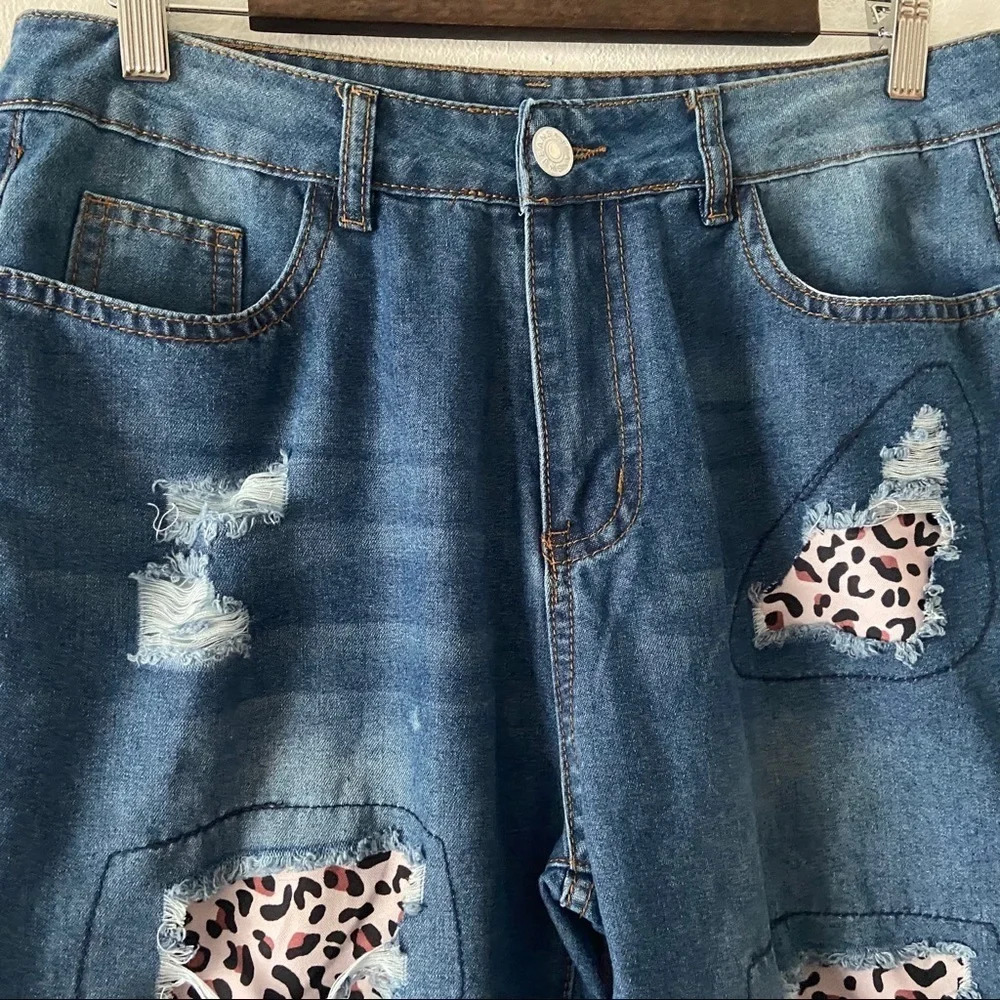 Distressed Leopard Patchwork Jeans High Waist Funky Pink Purple Stitching Medium - Picture 12 of 14